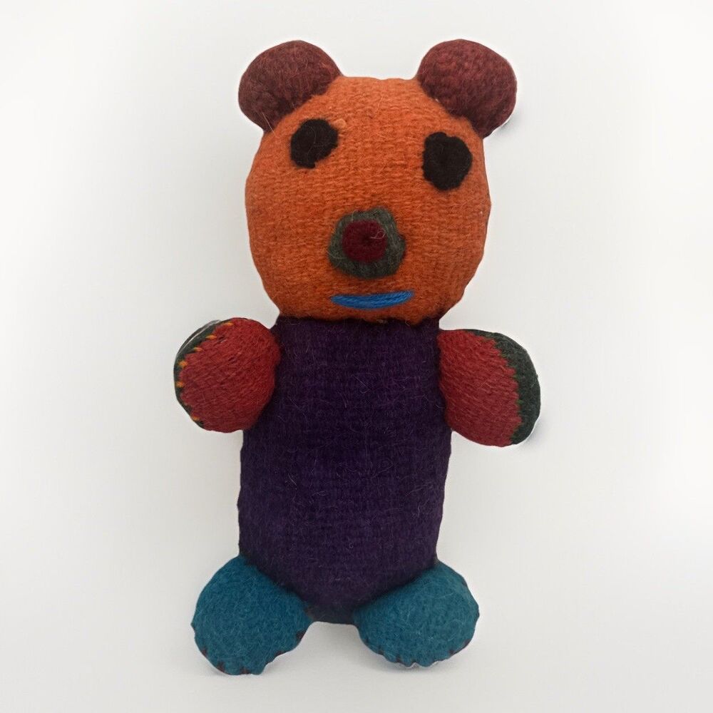 Vintage Mexico Wool Teddy Bear Patchwork Handmade Folk Art Stuffed Animal